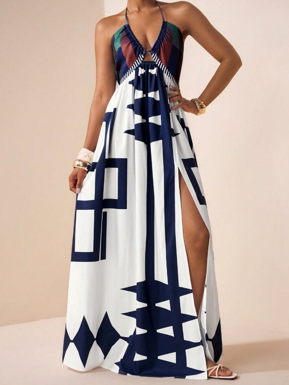 Multicolor Boho Women's Maxi Dress with Spaghetti Straps and Deep V-Neck - Picture 7 of 9